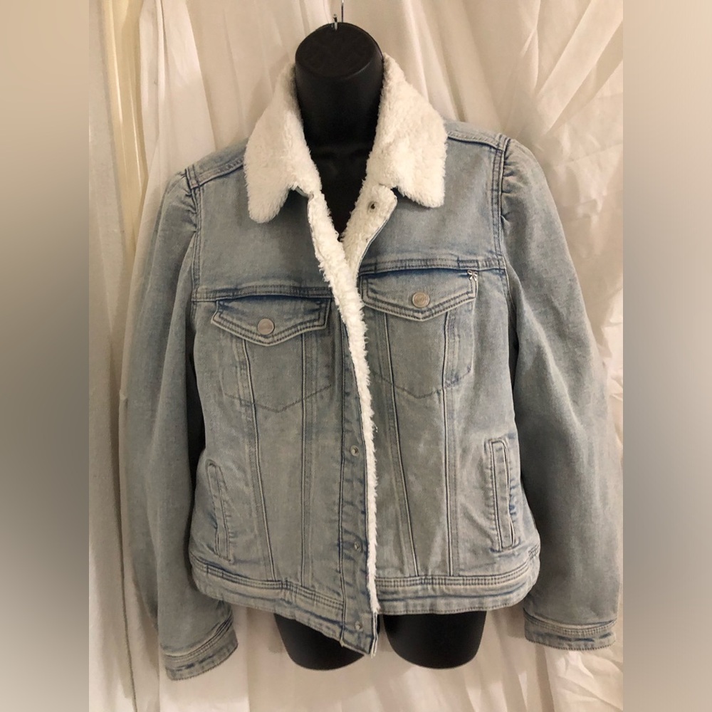 Nanette Lepore white sherpa lined pleated‎ shoulder denim jacket size large new - Picture 12 of 14